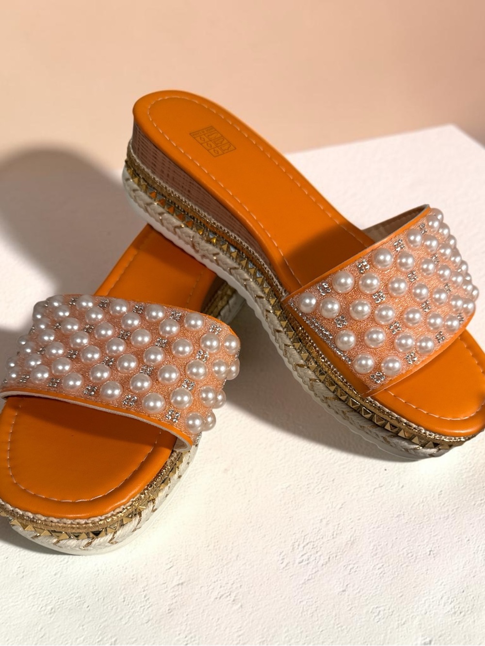 Pearl-Embellished Orange Slide Sandals